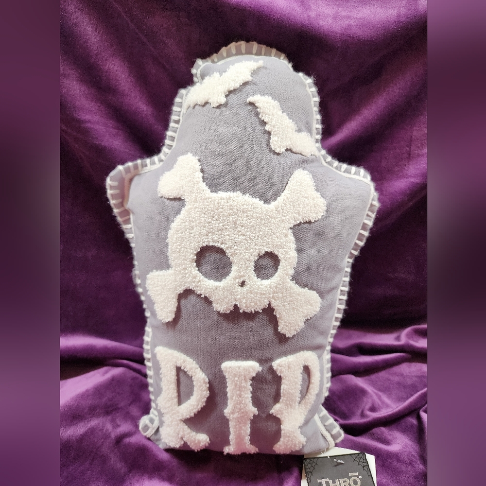 RIP Tombstone Pillow with Skull and Crossbones and Bats Gray and White Halloween